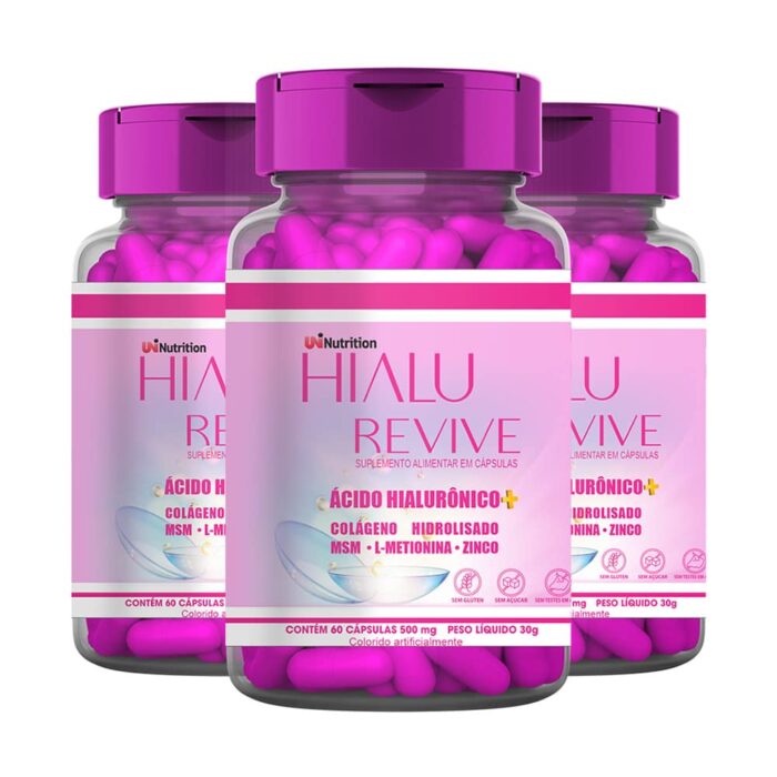 Kit 3 Unidades HialuRevive Premium Ácido Hialurônico + Colágeno + MSM Uni Nutrition 60 Caps