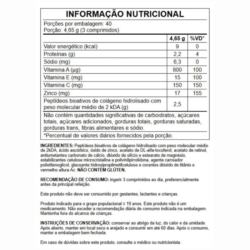 Peptídeos de Colágeno + Vit A + Vit C + Vit E + Zinco 120 comp - Growth Supplements - Imagem 3